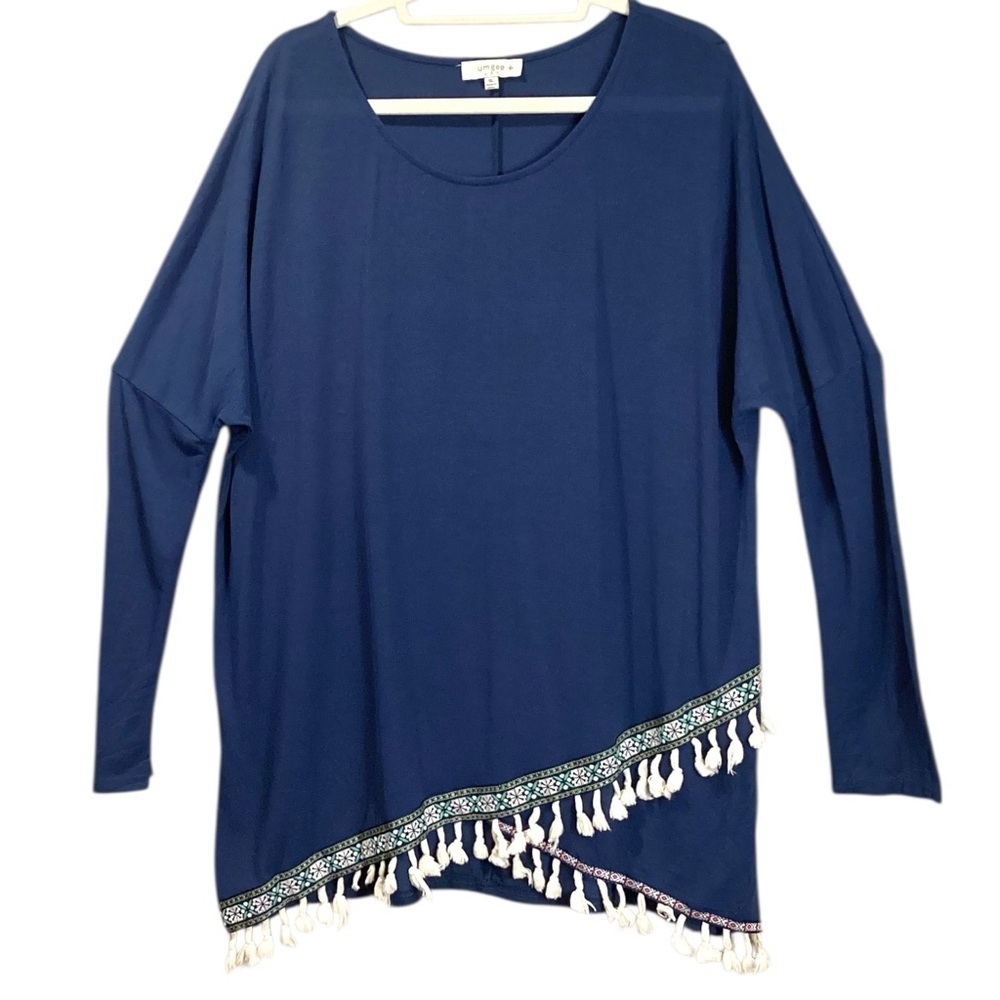 Umgee Blue‎ Embroidered Tape with Tassels Long Sleeve Lightweight Knit Tunic 1X